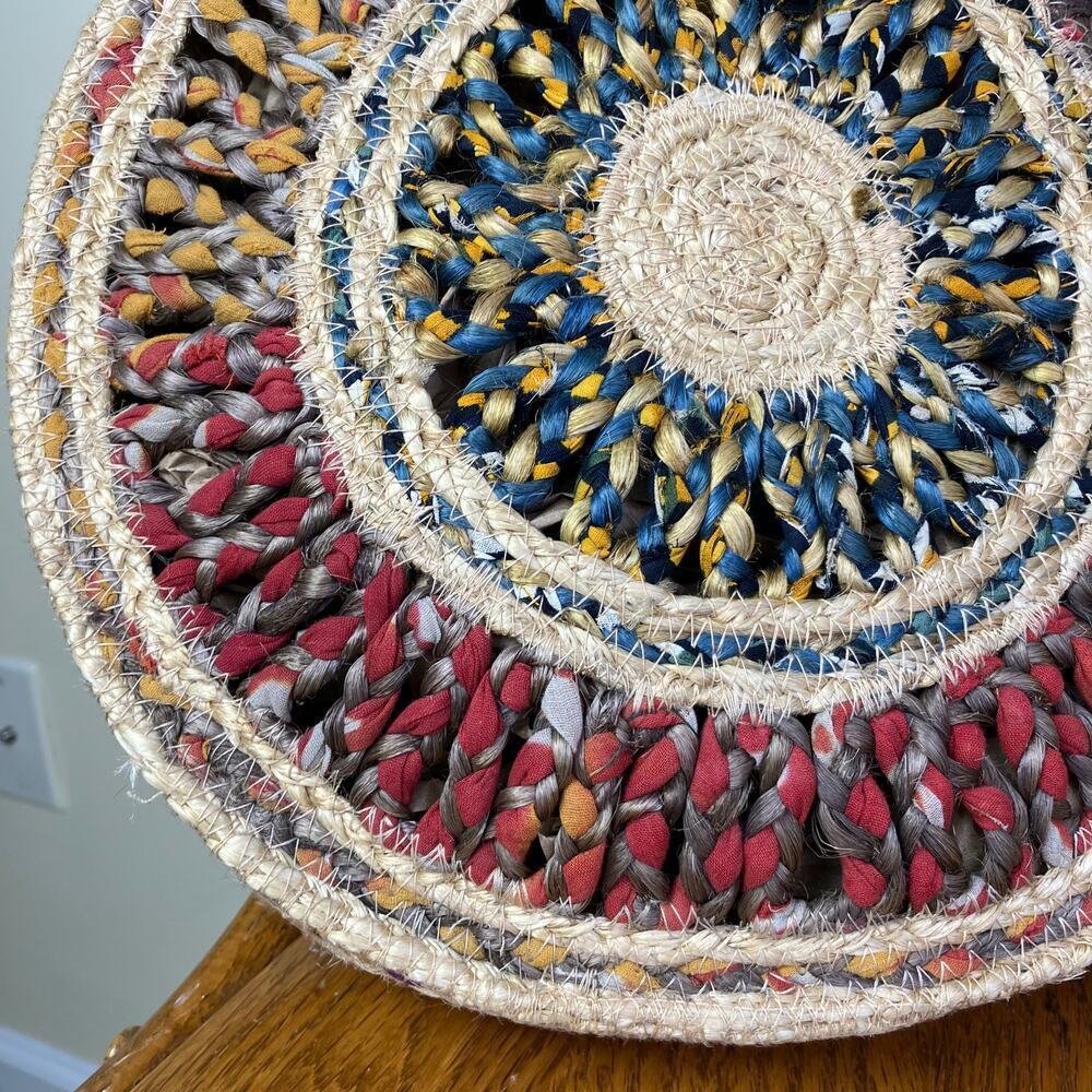 Boho Colorful Recycled Woven Jute Bag Circle Shaped Shoulder Tote Beach Bag - Picture 6 of 16
